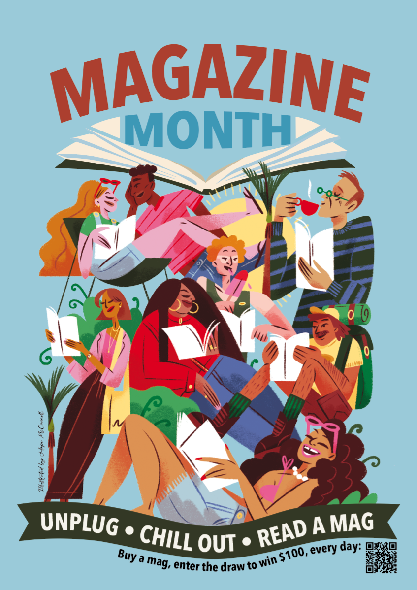 Magazine Month poster — Unplug, chill out, read a mag